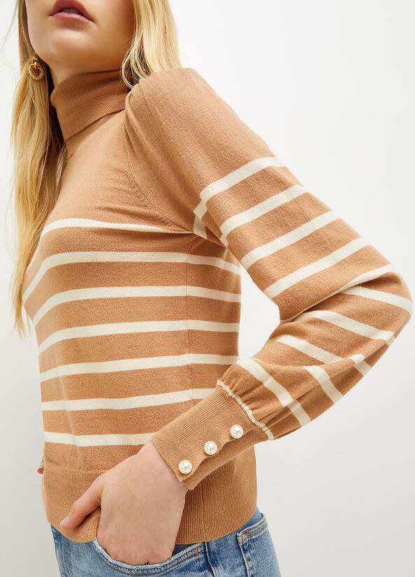 Beige Women's Liu Jo Striped Turtleneck With Beads Sweaters | SGW-357820