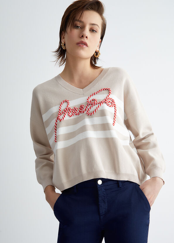 Beige Women\'s Liu Jo Striped With Cord Logo Sweaters | IBN-608127