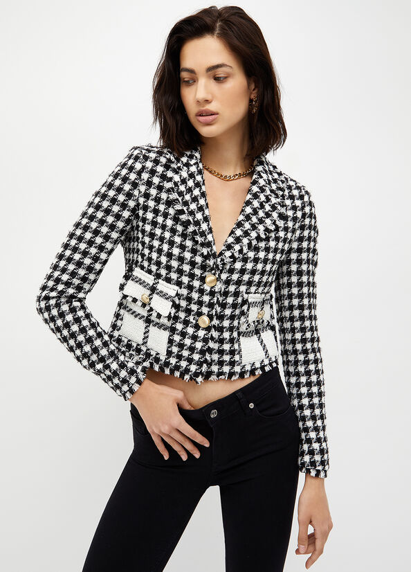 Black / White Women\'s Liu Jo Houndstooth Bouclé Blazer Jackets | SIY-829056