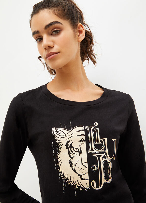 Black Women's Liu Jo Eco-Friendly With Print And Gemstones T Shirts | ONH-710836