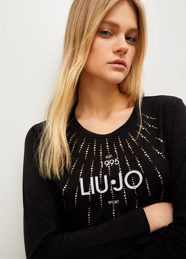 Black Women's Liu Jo Eco-Friendly With Studs And Logo T Shirts | ETQ-312968