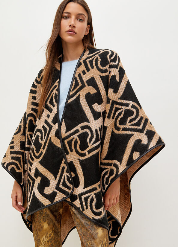 Black Women\'s Liu Jo Jacquard Poncho With Logo Coats | UZJ-176240