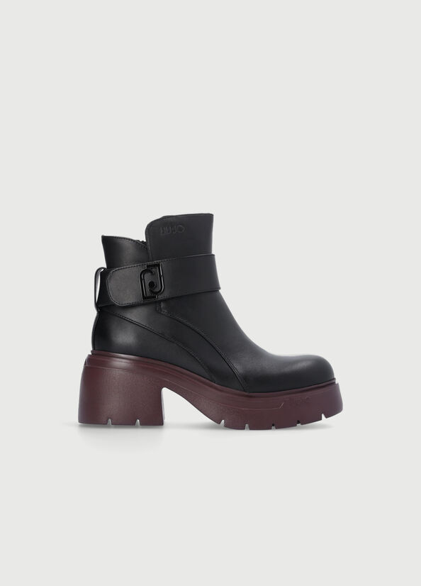 Black Women's Liu Jo Leather With Logo Ankle Boots | IOJ-041892