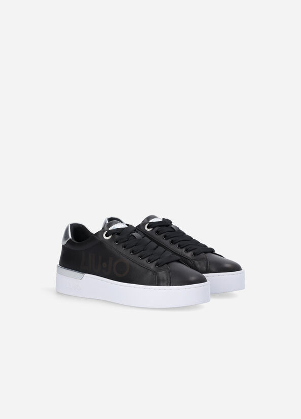 Black Women's Liu Jo Leather With Logo Sneakers | HQA-629157