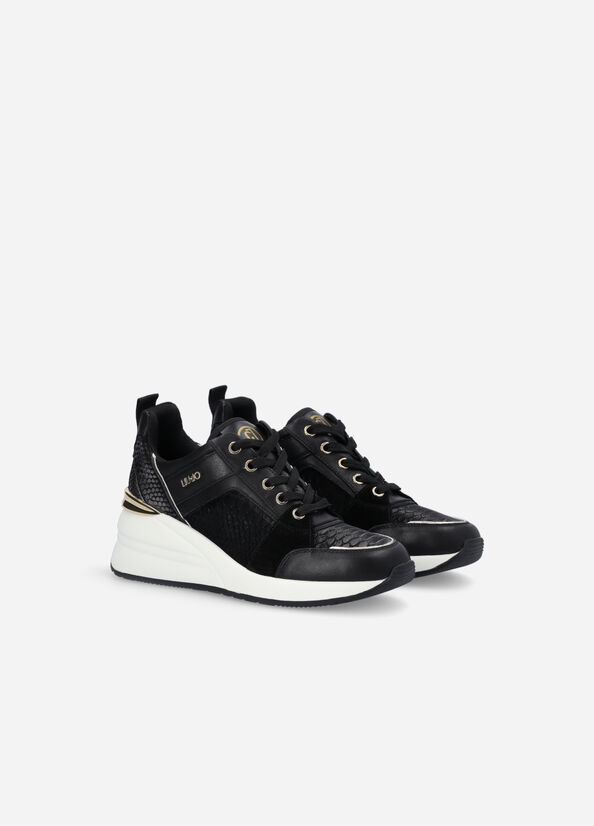 Black Women's Liu Jo Leather With Wedge Sneakers | PTI-274931