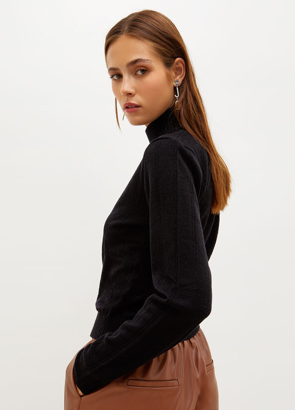 Black Women's Liu Jo Mock Turtleneck With Penwork Pattern Sweaters | ATE-416873