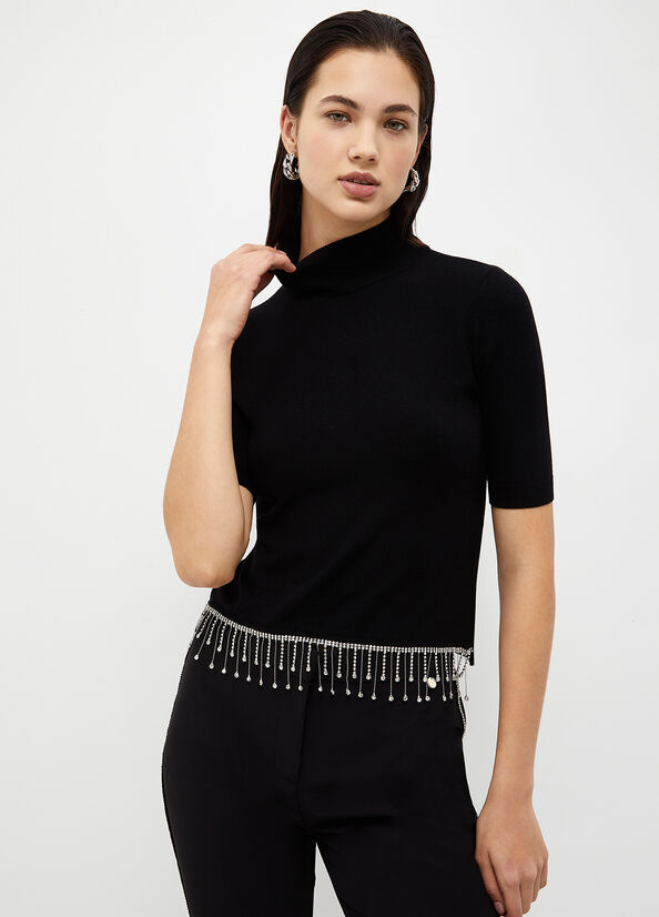 Black Women\'s Liu Jo Mock Turtleneck With Jewel Fringes Sweaters | URS-940725