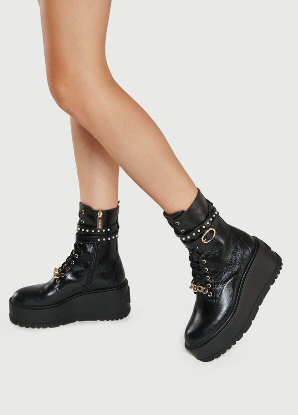 Black Women\'s Liu Jo Platform Combat With Jewelled Pearls Ankle Boots | VRH-307921