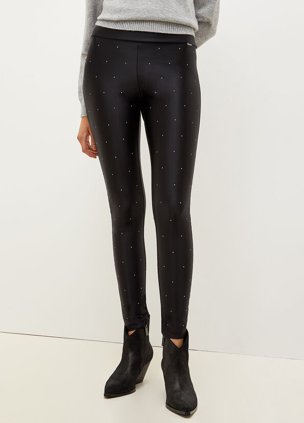 Black Women\'s Liu Jo Stretch Jersey Leggings With Rhinestones Pants | MUX-023671