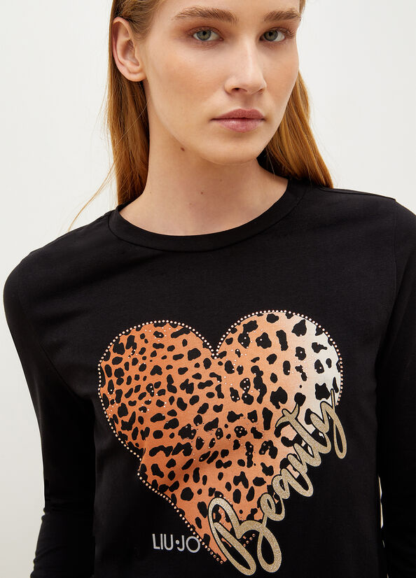 Black Women's Liu Jo With Animal-Print Heart T Shirts | GXB-476932