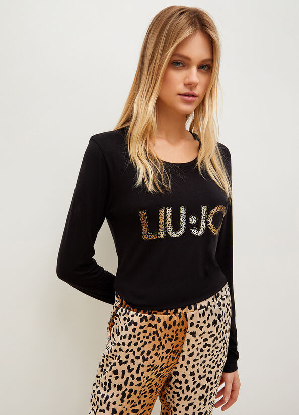 Black Women\'s Liu Jo With Animal-Print Logo T Shirts | LIR-701985