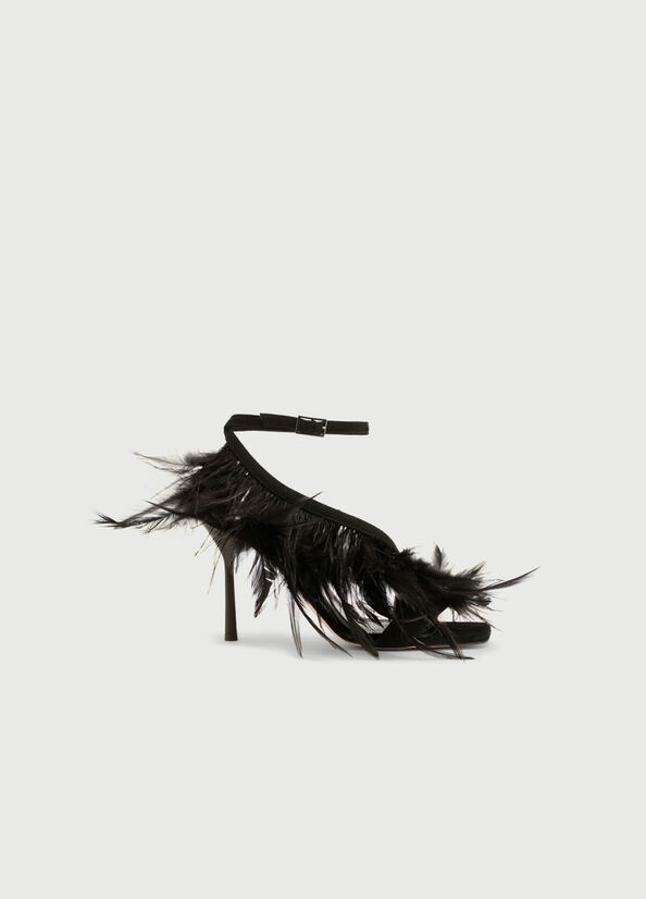 Black Women's Liu Jo With Heel And Feathers Sandals | FYB-142038