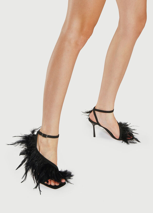 Black Women\'s Liu Jo With Heel And Feathers Sandals | FYB-142038