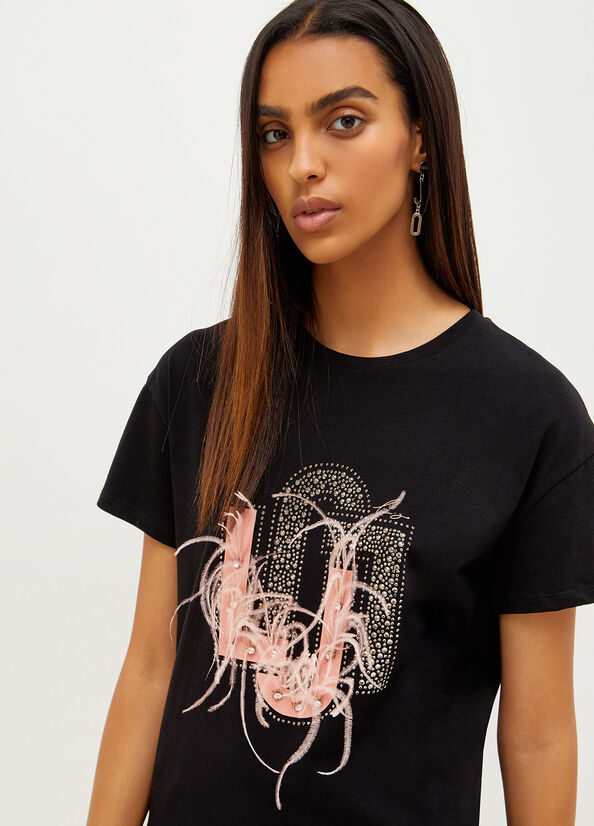 Black Women's Liu Jo With Logo And Gemstones T Shirts | OWJ-425819