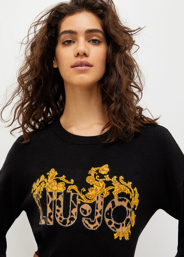 Black / Yellow Women's Liu Jo Wool And Cotton With Animal Print Logo Sweaters | RIV-801394