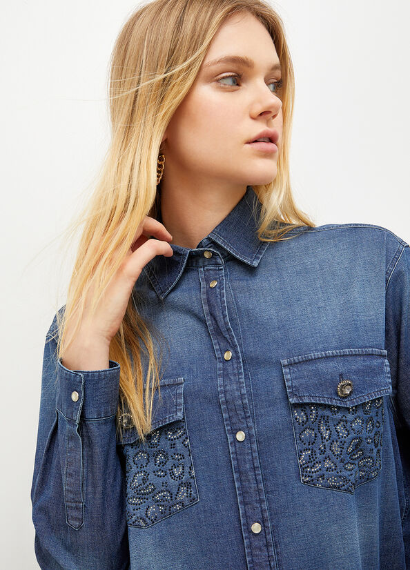 Blue Women's Liu Jo Denim With Gemstones Shirts | GEY-638721