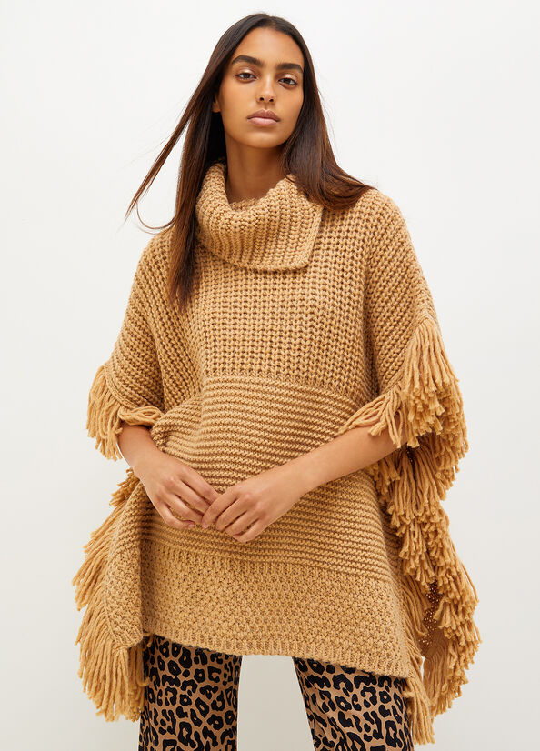 Brown Women\'s Liu Jo Knit Cape With Fringes Coats | XIP-719564