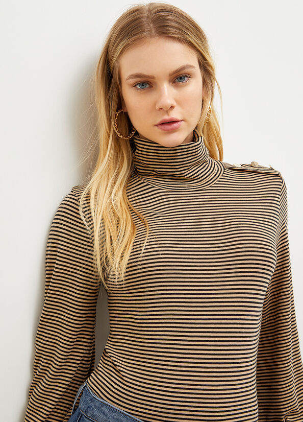 Brown Women's Liu Jo Striped Turtleneck T Shirts | GZP-819502