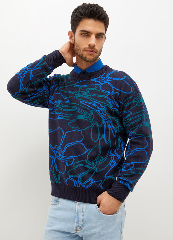 Dark Blue Men\'s Liu Jo Jacquard Sweaters | OHX-923854