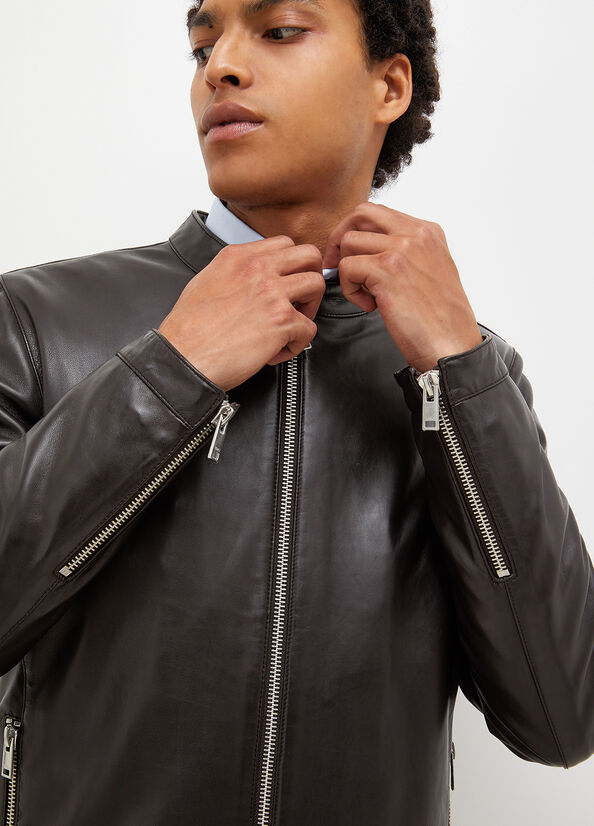 Dark Brown Men's Liu Jo Leather Biker Jackets | WEN-629405