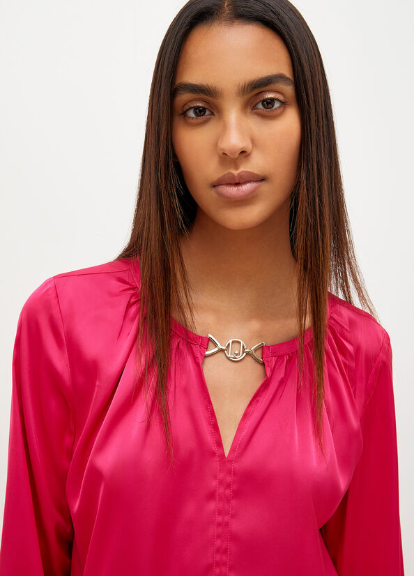 Fuchsia Women's Liu Jo Satin Blouse With Jewel Logo Shirts | QHO-908361