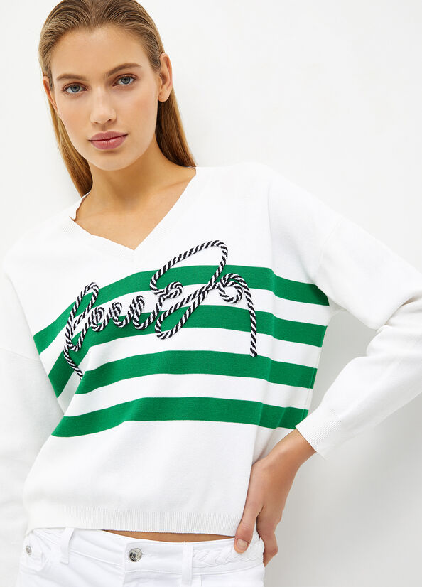 Green Women's Liu Jo Striped With Cord Logo Sweaters | PUY-057281