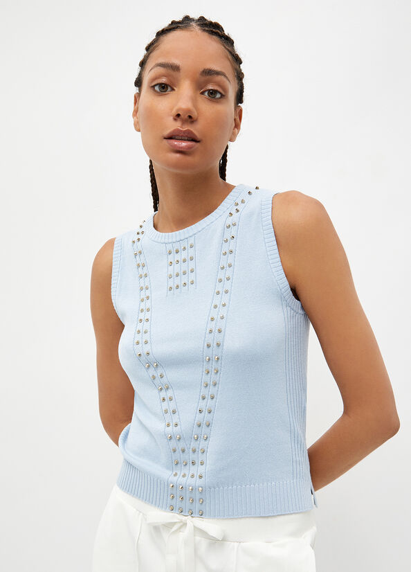 Light Blue Women\'s Liu Jo Eco-Friendly With Studs Sweaters | UZK-731864