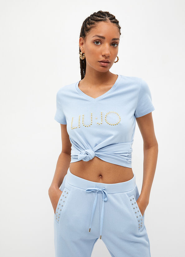 Light Blue Women\'s Liu Jo With Logo And Studs Tops | CHQ-890643