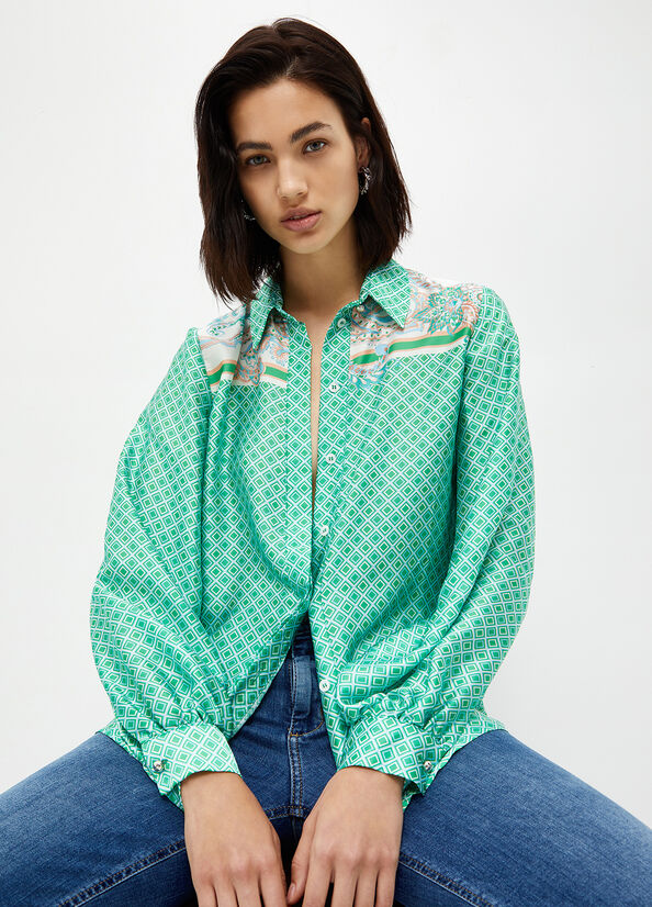 Light Turquoise Women's Liu Jo Printed Satin Shirts | ADK-516290