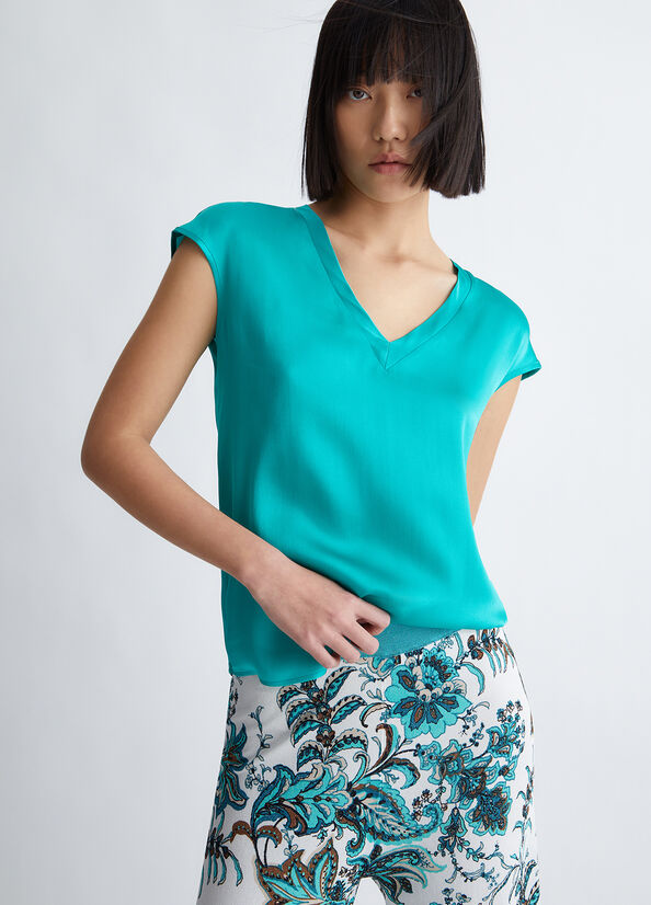 Light Turquoise Women\'s Liu Jo Silk Blend Blouse Shirts | UOW-705618