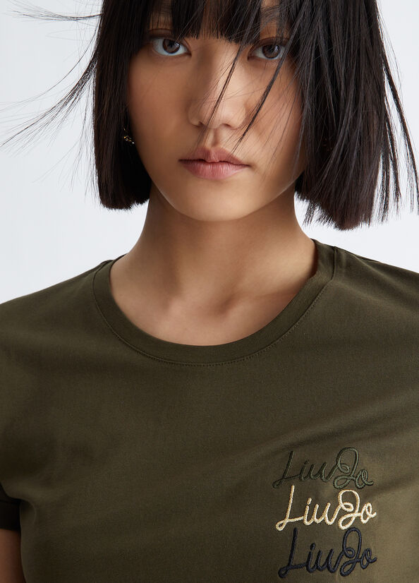 Olive Women's Liu Jo Cotton With Logo Tops | LRB-046397