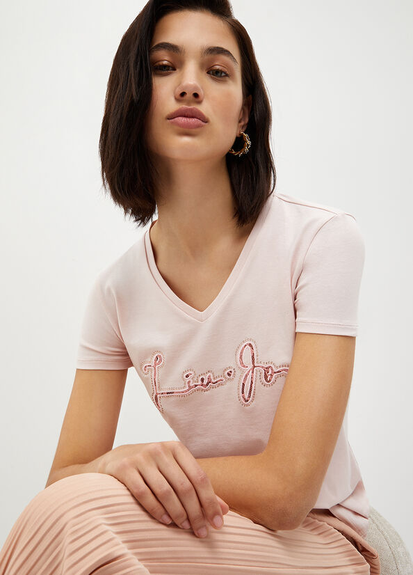 Pink Women's Liu Jo With Logo And Lace T Shirts | CBF-789324