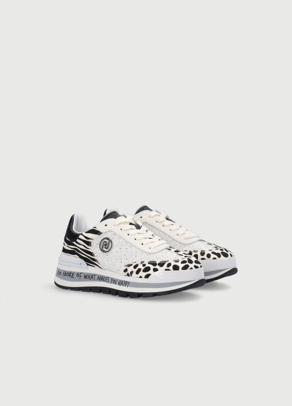 White / Black Women's Liu Jo Glitter With Animal-Print Sneakers | QKE-537068