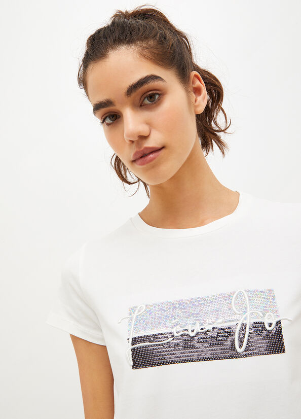 White Women's Liu Jo Eco-Friendly Sequined T Shirts | EMQ-253184