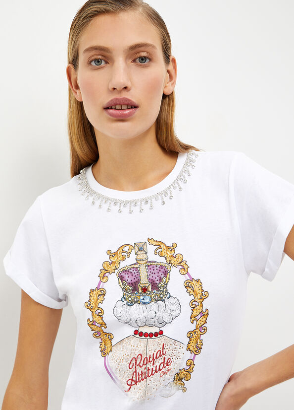 White Women's Liu Jo With Jewel Fringes T Shirts | GAF-628134