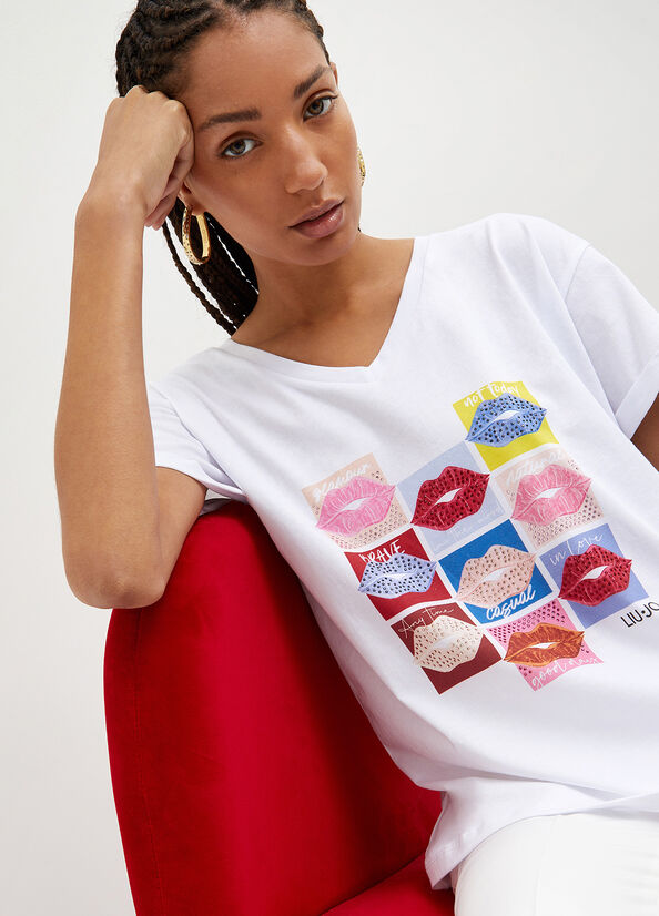 White Women's Liu Jo With Lips Print T Shirts | HRN-048579