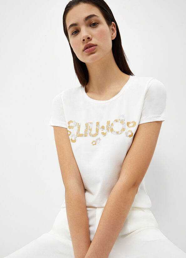 White Women's Liu Jo With Logo And Gemstones T Shirts | ZBC-807693