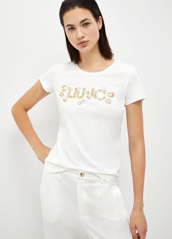 White Women\'s Liu Jo With Logo And Gemstones T Shirts | ZBC-807693