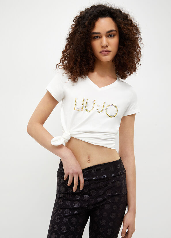 White Women\'s Liu Jo With Logo And Studs T Shirts | QER-830657