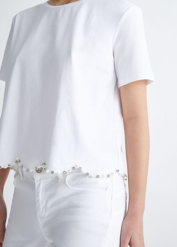 White Women's Liu Jo With Pearls And Rhinestones Tops | AQR-402163