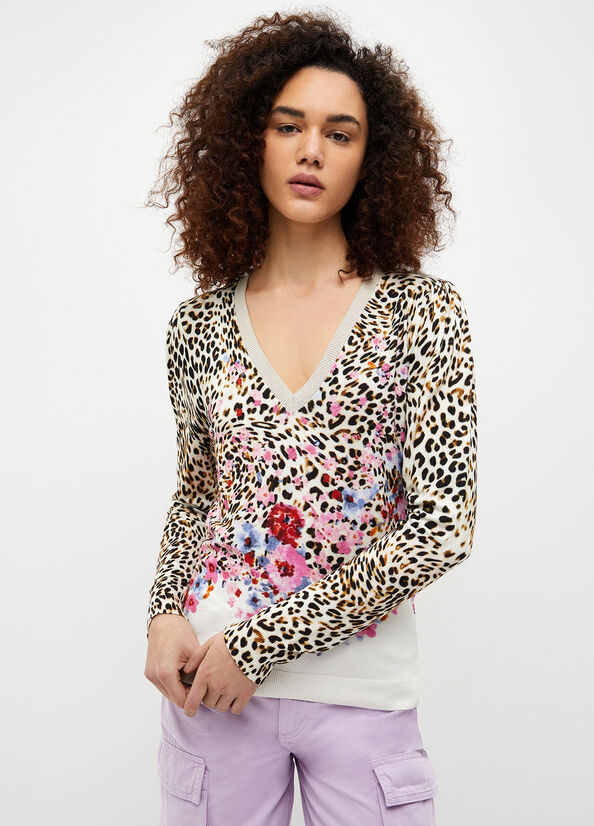 Beige Women's Liu Jo Floral Animal Print Sweaters | AMQ-149357