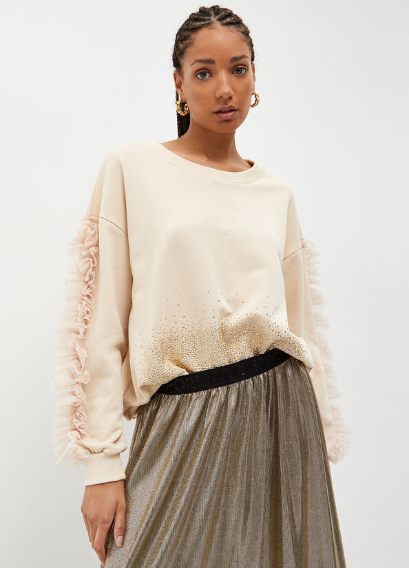 Beige Women's Liu Jo With Rhinestones And Tulle Sweatshirts | IOK-841952