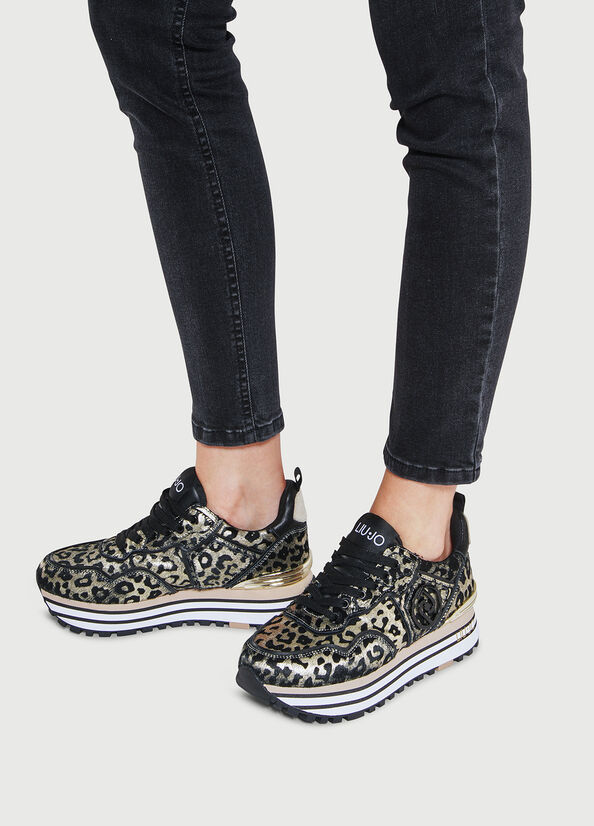 Black / Gold Women's Liu Jo Laminated Animal-Print Platform Sneakers | HOT-684037