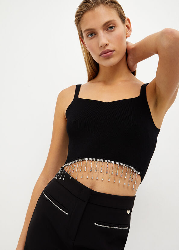 Black Women's Liu Jo Bralette With Jewel Fringes T Shirts | LFE-439076