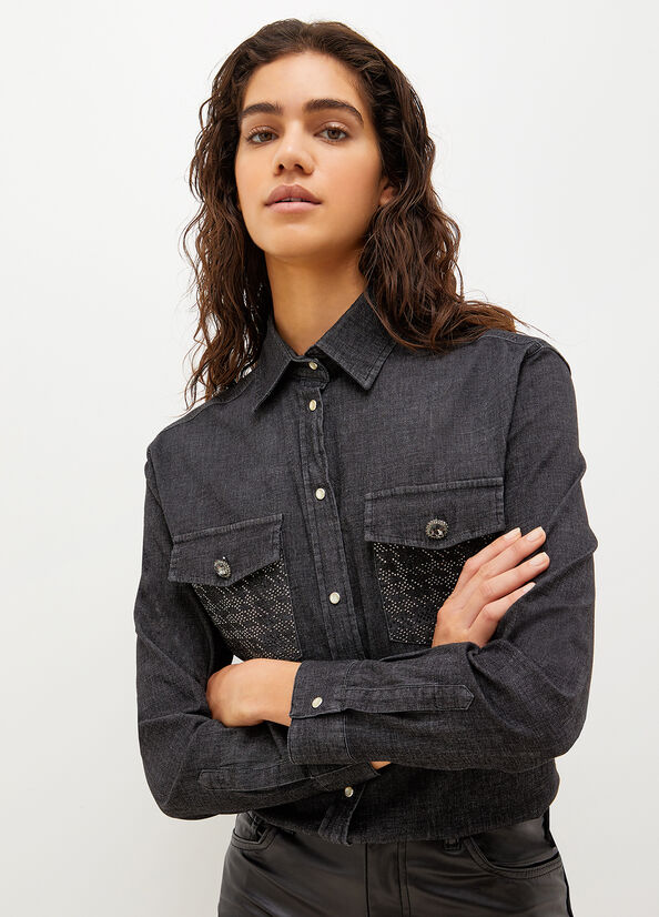 Black Women's Liu Jo Denim With Gemstones Shirts | ZJE-541863