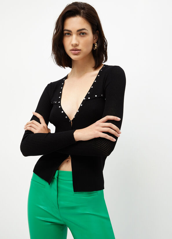 Black Women's Liu Jo Eco-Friendly Cardigan With Studs Sweaters | JZG-593461