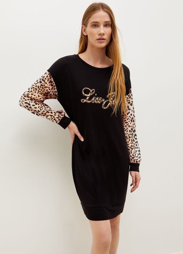 Black Women's Liu Jo Jersey With Animal Print And Logo Dress | HDJ-627481