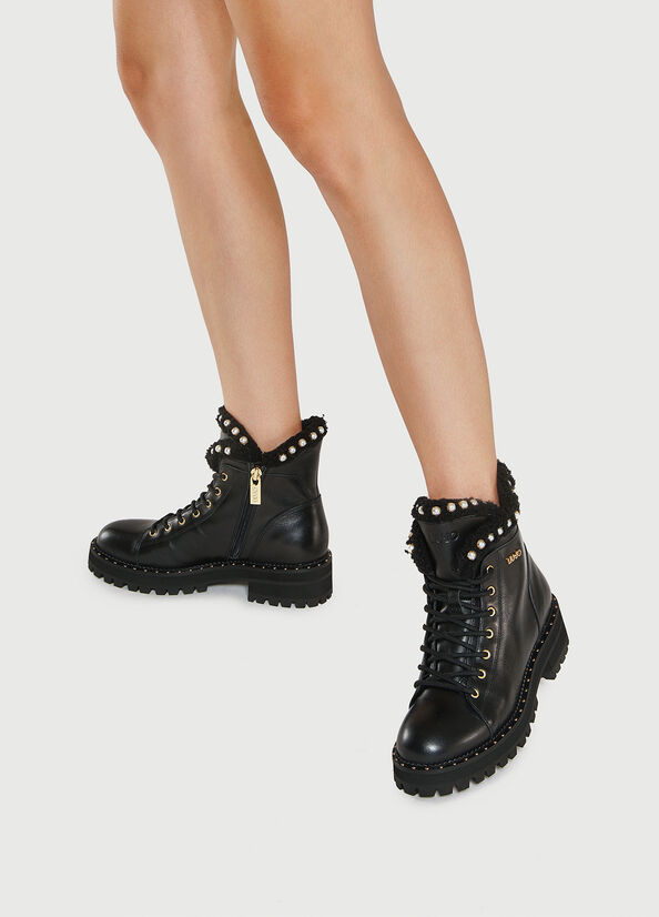 Black Women's Liu Jo Leather With Jewelled Pearls Ankle Boots | FTY-784120