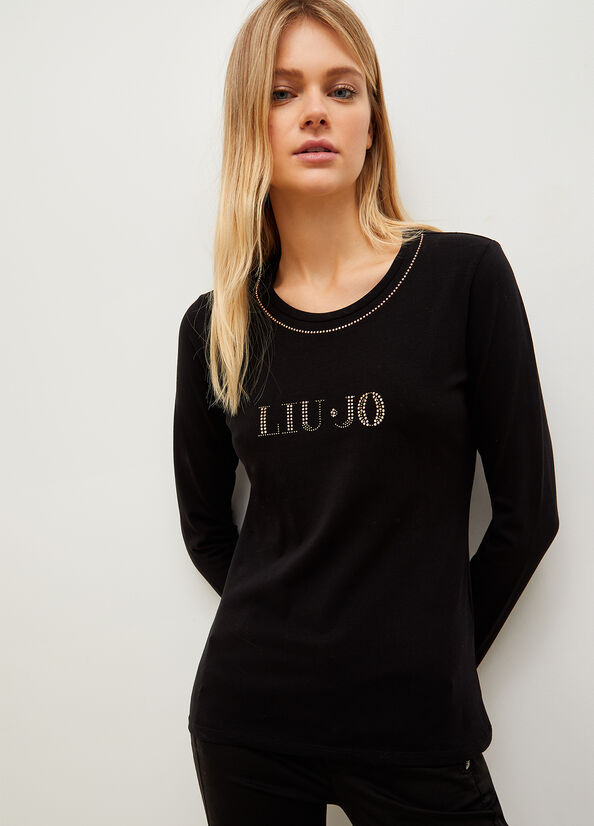 Black Women's Liu Jo With Logo And Gemstones T Shirts | AUX-628904