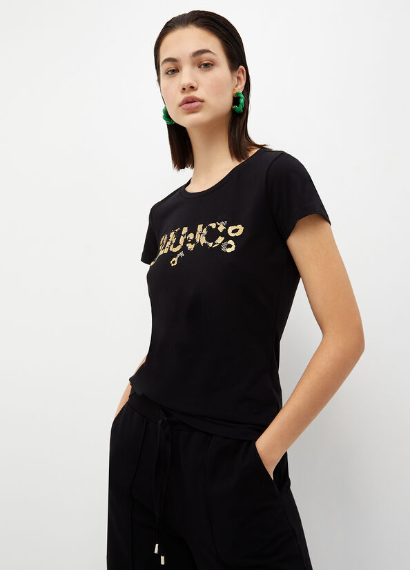 Black Women's Liu Jo With Logo And Gemstones T Shirts | LDY-504829